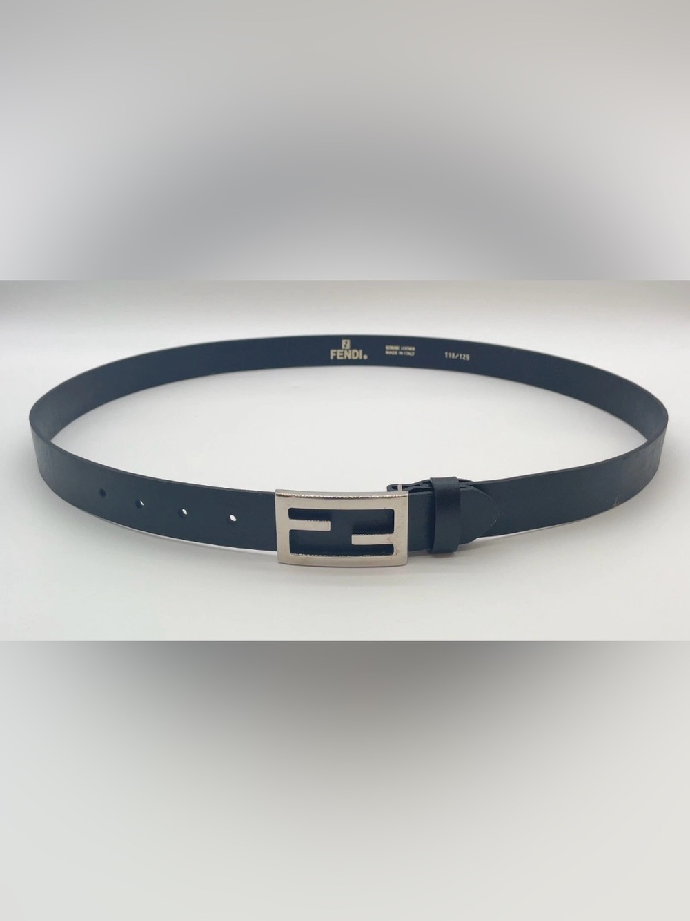 Fendi Black Leather Belt with Silver FF Buckle AUTHENTIC 110 125